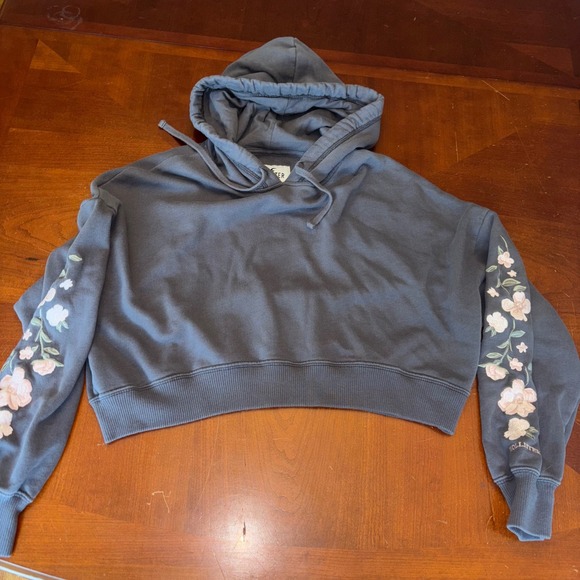 Hollister | Small | Cropped Hoodie | Sweatshirt | Embroidered Floral Sleeve - Picture 1 of 7